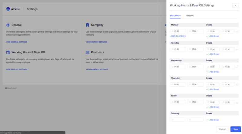 Working Hours Work Timing Settings