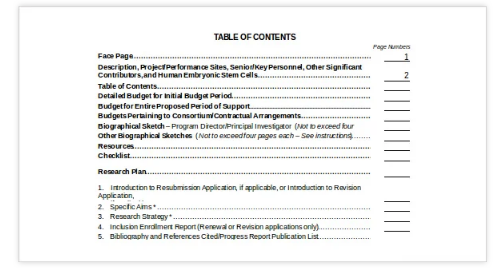 Research Grant Table Of Content