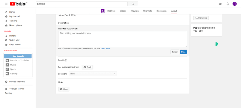 YouTube Channel About Section
