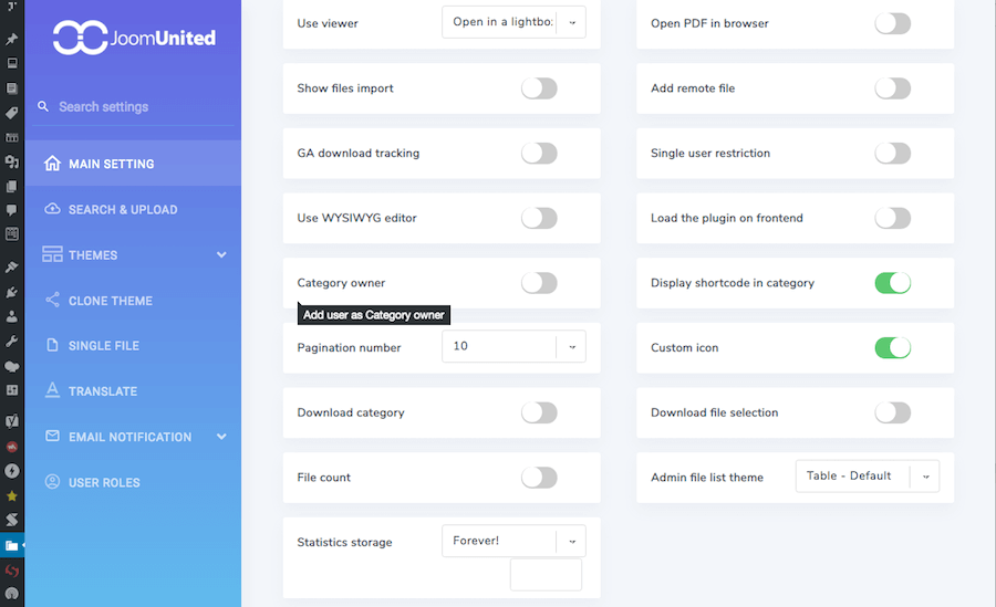 Settings Page Main Settings