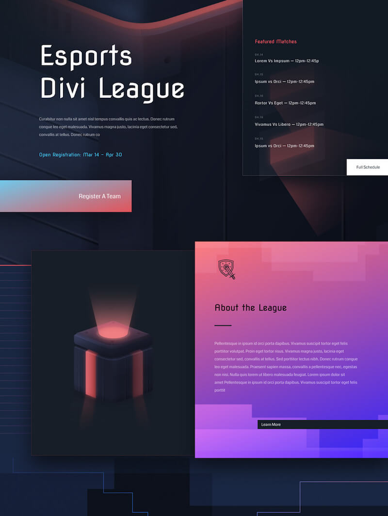 esports landing page Divi theme eSports Layout Pack for Divi