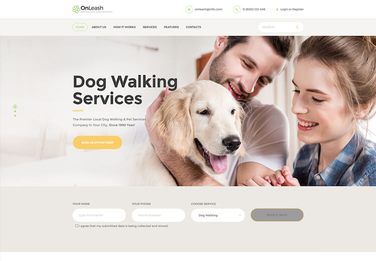 Tema WordPress para passear com cães e serviços para animais de estimação