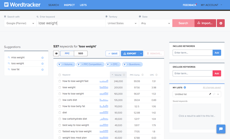 Wordtracker User Interface