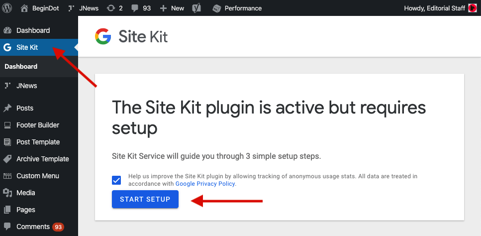 Setting Google Site Kit