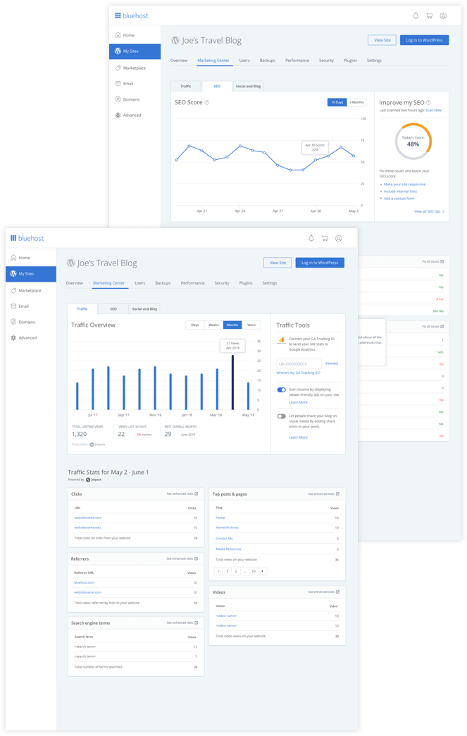 Bluehost WordPress hosting dashboard