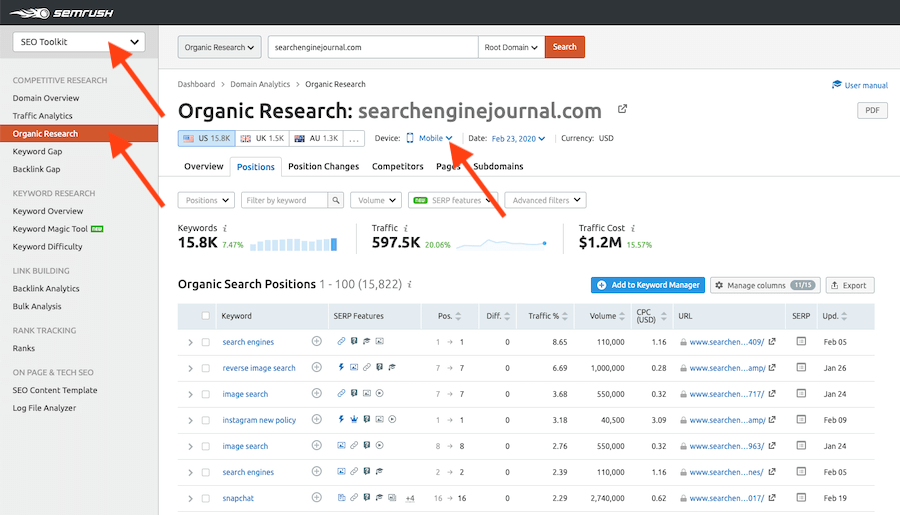 Keyword-Positionsdaten auf Mobilgeräten