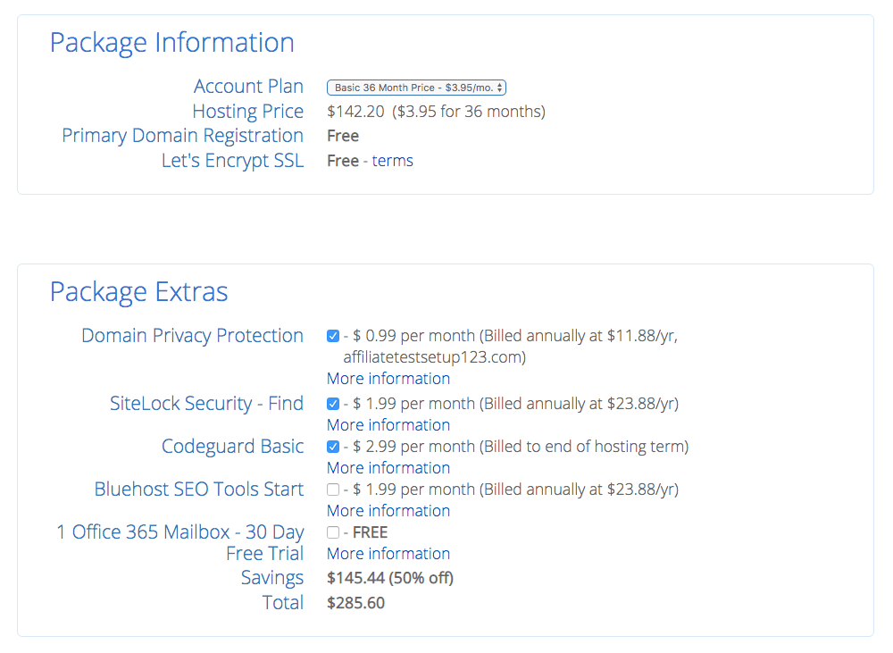 Bluehost Package Info