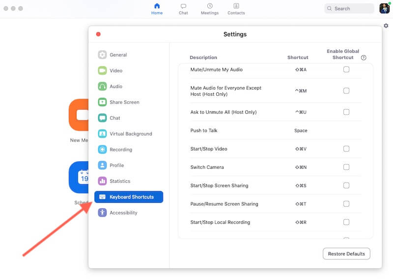 Zoom keyboard shortcuts