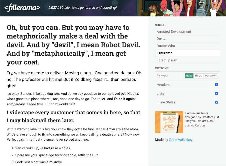 Fillerama Text Generator
