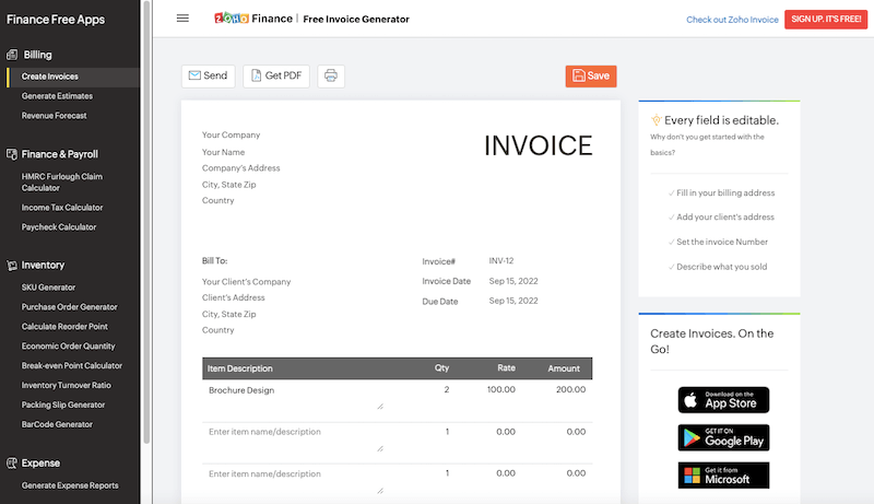 Zoho Online Free Invoice Generator